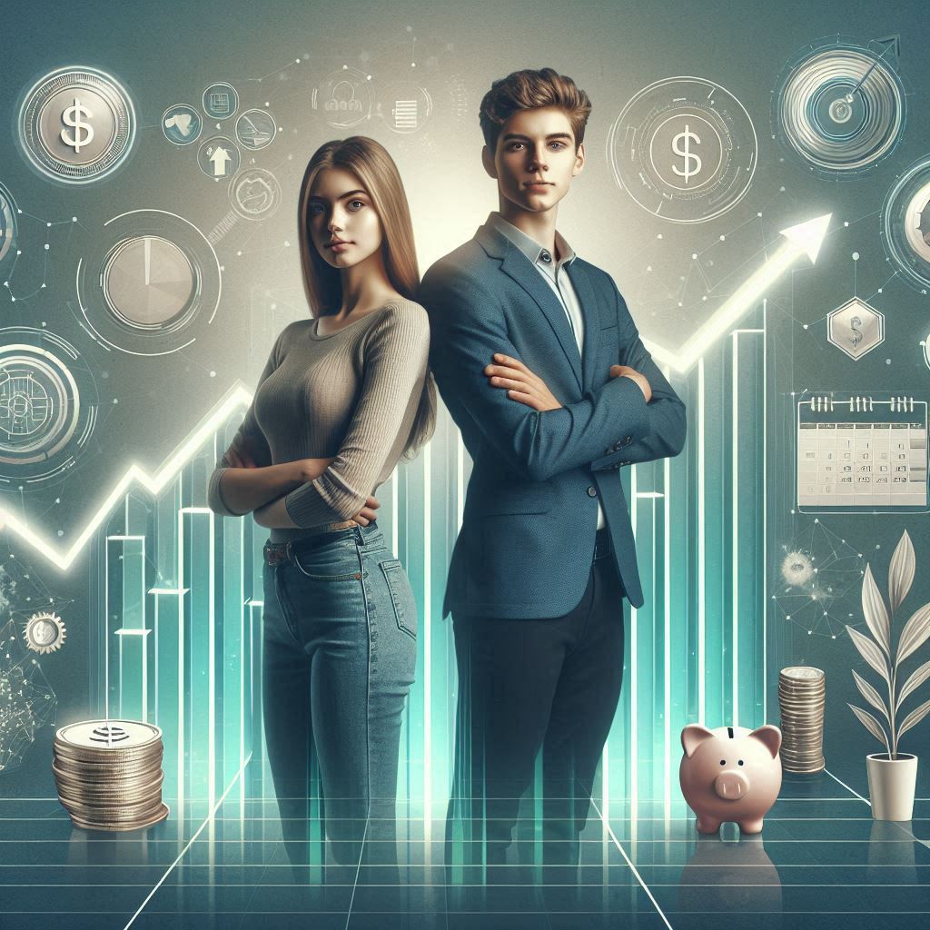 Confidence in money Man and woman standing confident